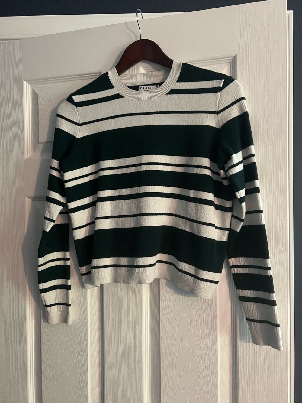 FRAME green and white striped crewneck knit sweater